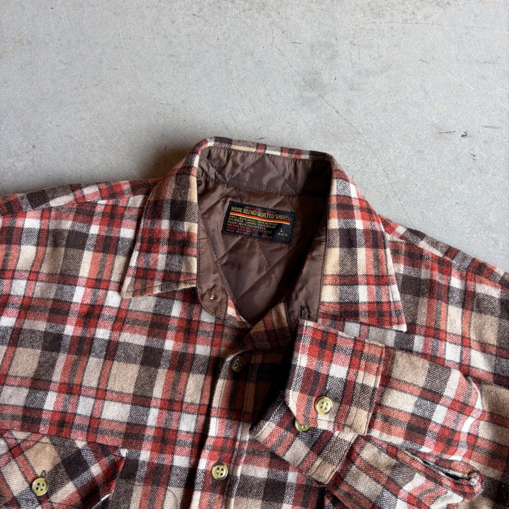 Vintage Montgomery Ward Quilted Plaid Flannel Shirt Jacket Wool Blend Red Large
